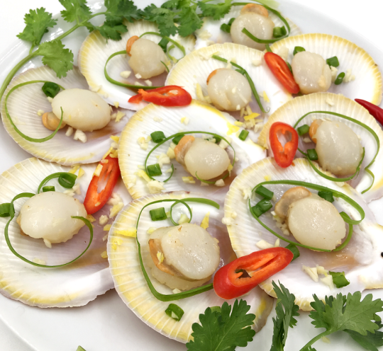Half Shell Scallops with Roe-On, featuring a beautiful shell and rich flavor—ideal for grilling, baking, or steaming