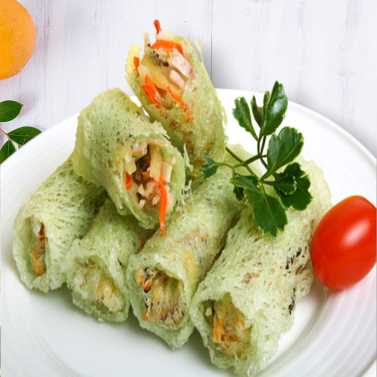 Frozen vegetable roll wrapped in crispy, netted rice paper with a savory vegetable filling—ideal for quick snacks or appetizers
