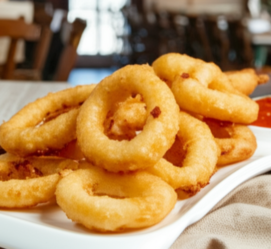 Crispy calamari tempura squid rings – golden-brown, lightly battered seafood snack, ready for frying or oven bake