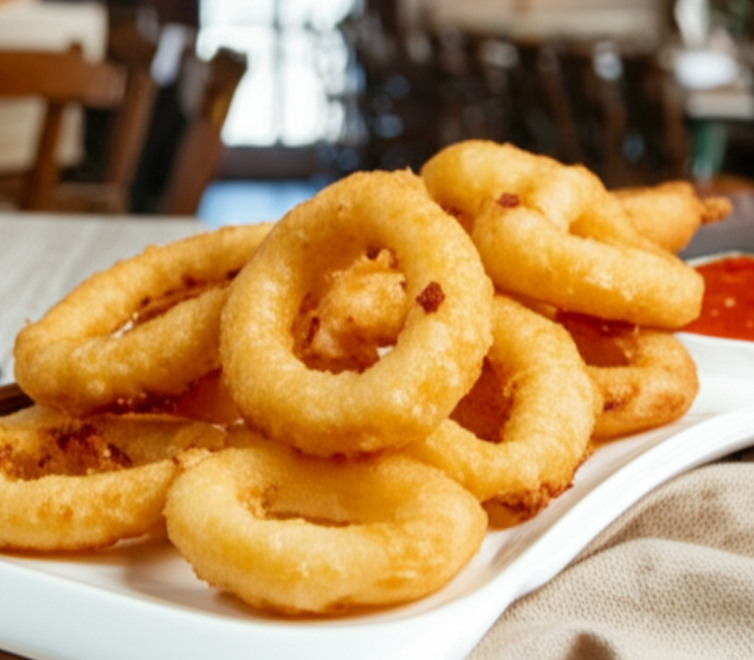 Crispy calamari tempura squid rings – golden-brown, lightly battered seafood snack, ready for frying or oven bake