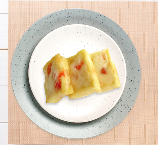 Frozen shrimp infused tofu with soy goodness on a plate