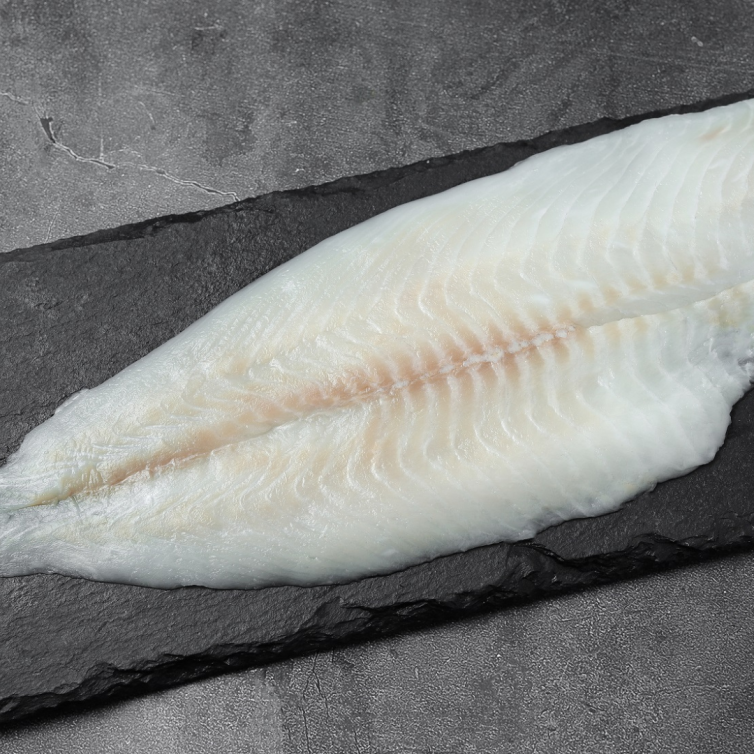 Frozen flounder fillet with flaky flesh and a slightly firm texture, perfectly preserved for freshness