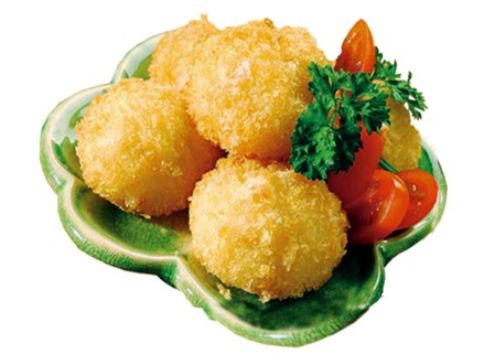 A plate of ready-to-cook breaded scallops with golden coating. Huat CNY